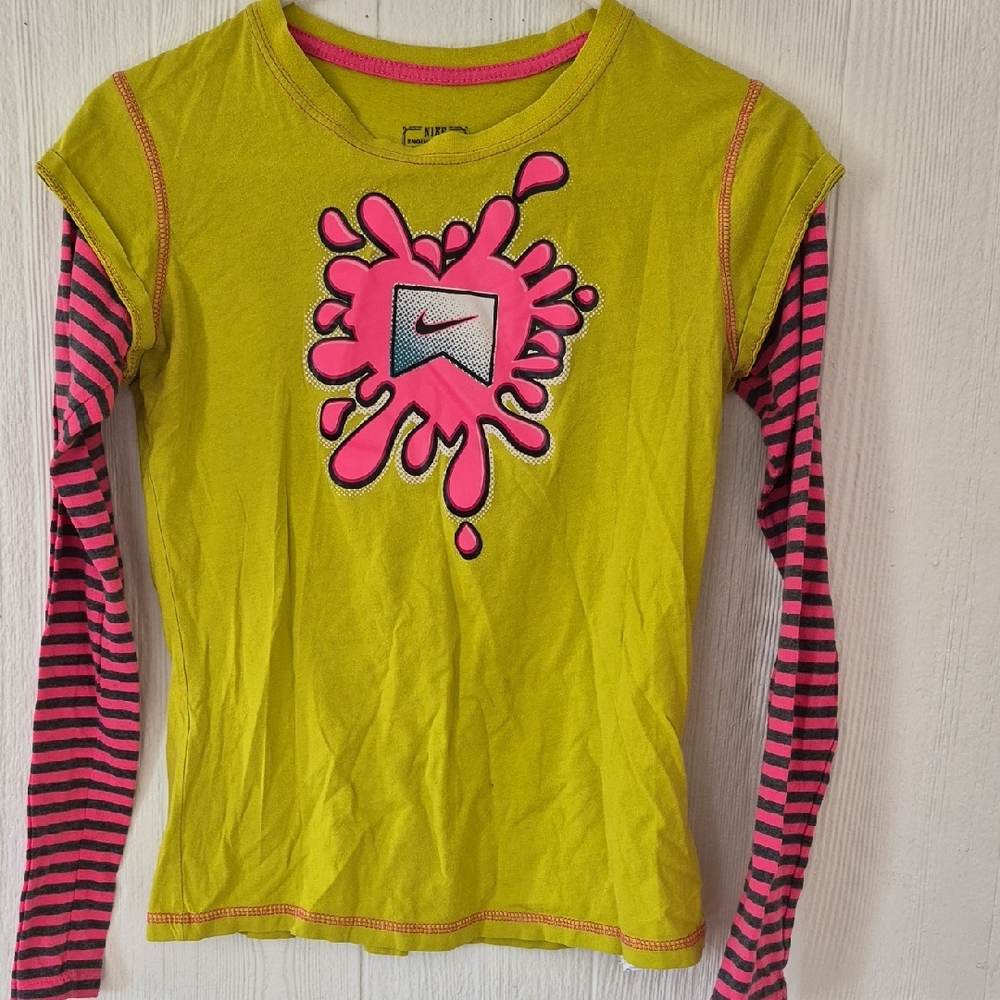 Nike Kids' Lime Green and Pink Long Sleeve Tee